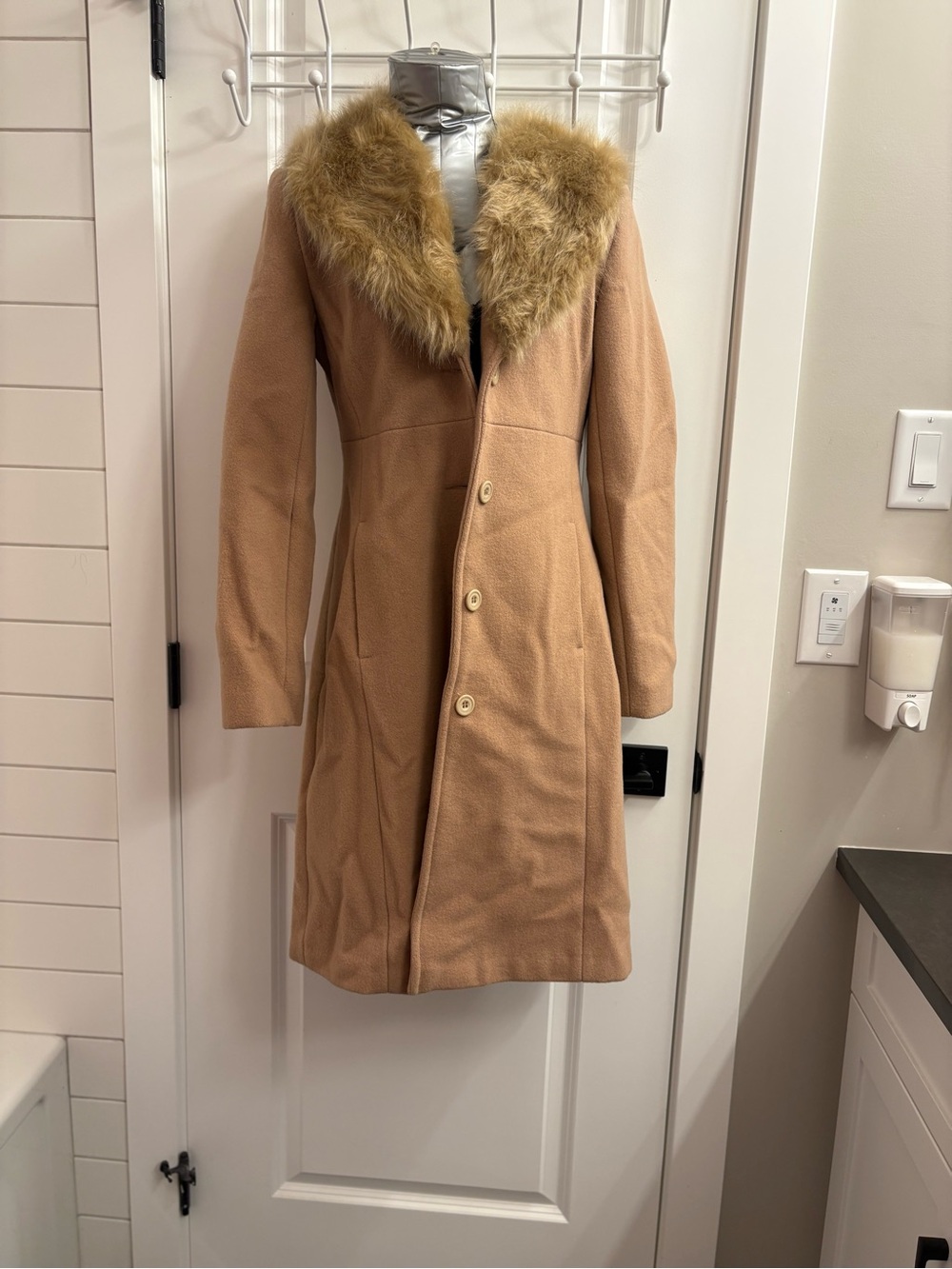 Suzy Shier Camel long Pea Coat with Faux Fur Collar